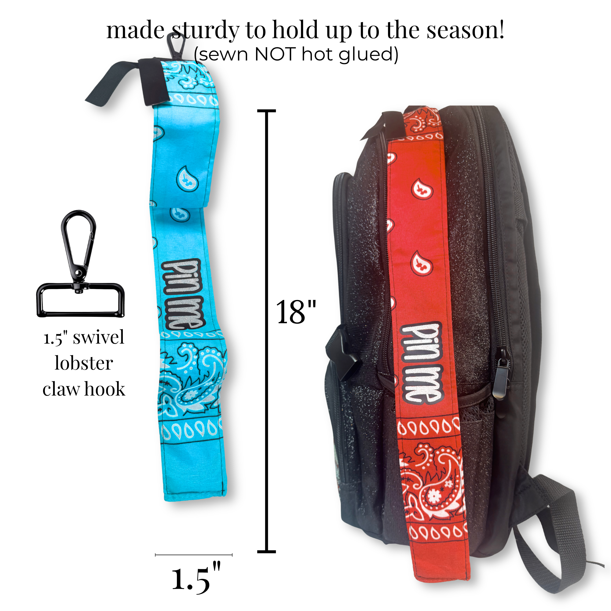 Blue cheer skate bag strap with swivel lobster claw hook and 18-inch length measurement, paired with an 18-inch red cheer.