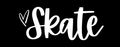 White script text spelling "Skate" with a heart accent on the letter "S" on a black background.