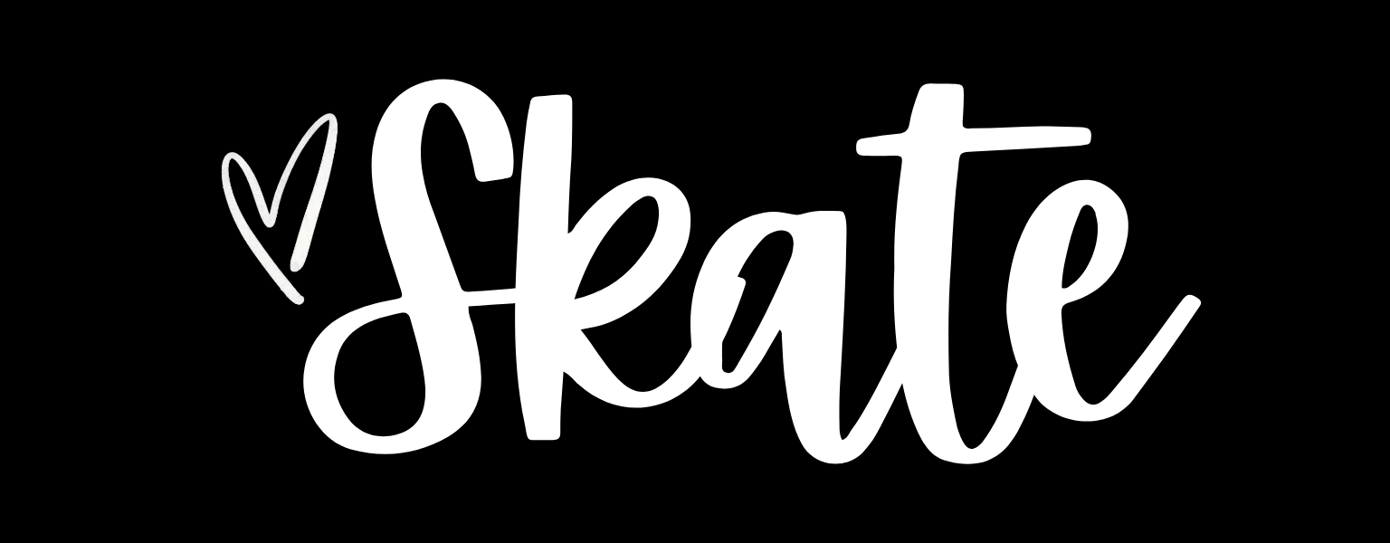 White script text spelling "Skate" with a heart accent on the letter "S" on a black background.
