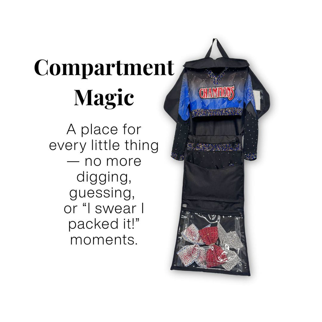 Garment bag with compartments and text about organization, on a white background