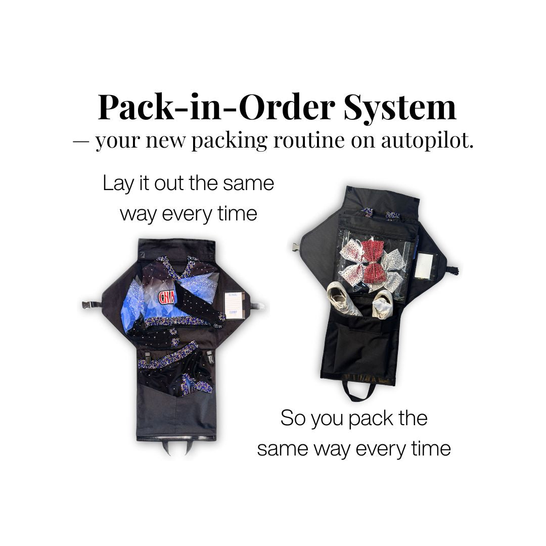 Two black garment bags with uniforms and shoes in pockets on a white background, promoting a 'Pack-in-Order System' for organizing clothes.