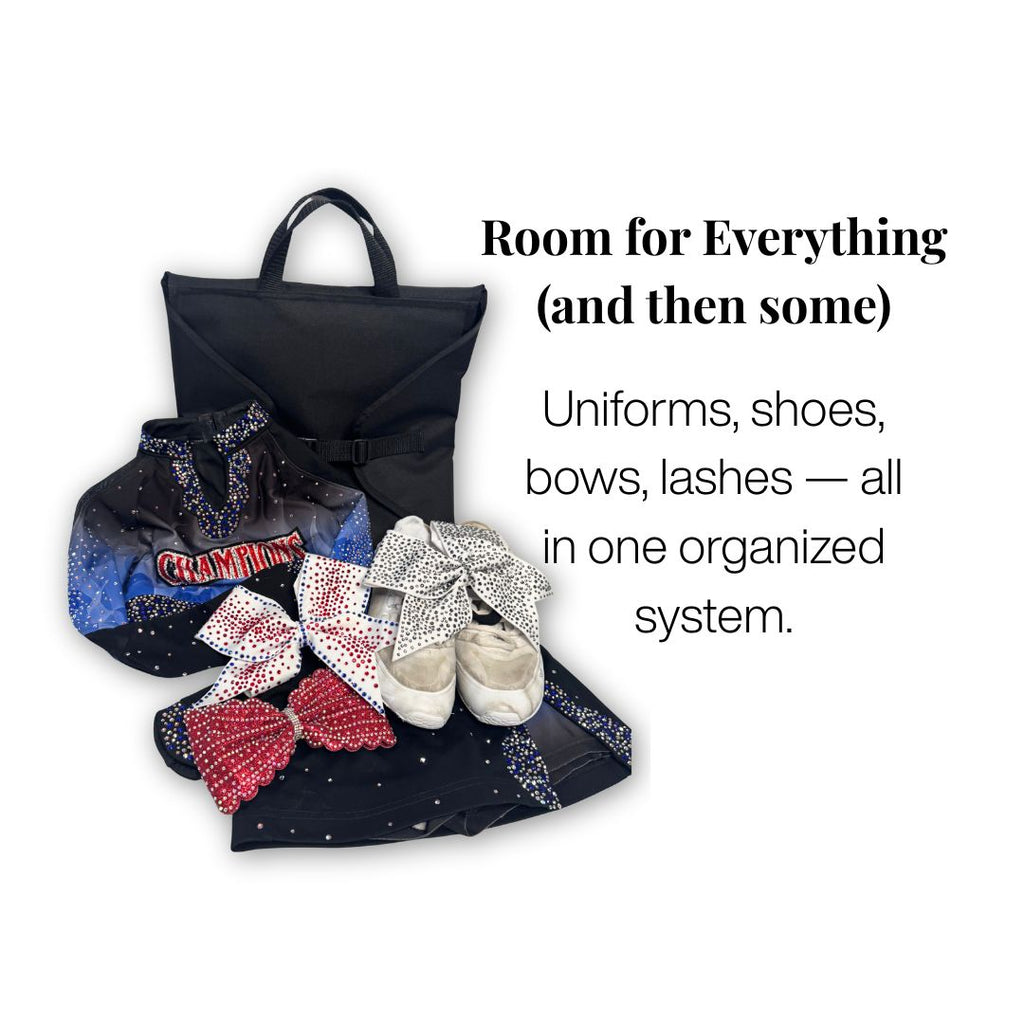 Black bag with cheer uniform including shoes, bows on a white background.