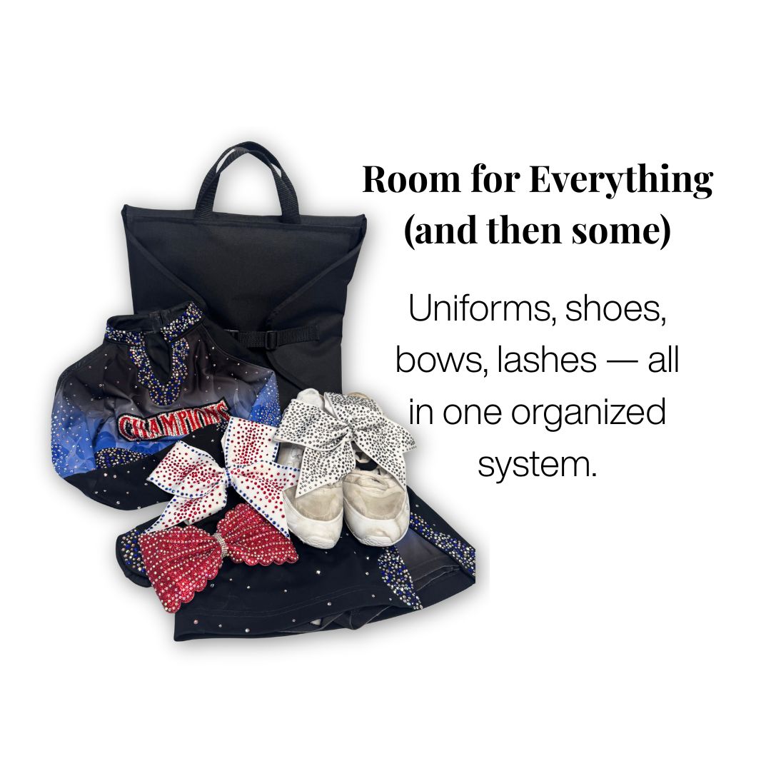Black bag with cheer uniform including shoes, bows on a white background.