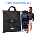 Black rectangular cheer competition bag with buckle straps and top handles, designed to hold a cheer uniform including skirt