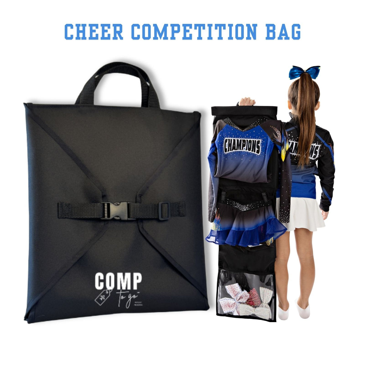 Black rectangular cheer competition bag with buckle straps and top handles, designed to hold a cheer uniform including skirt