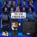 Black and blue Comp to Go™ team bag with multiple compartments, designed for cheer and competition uniforms.