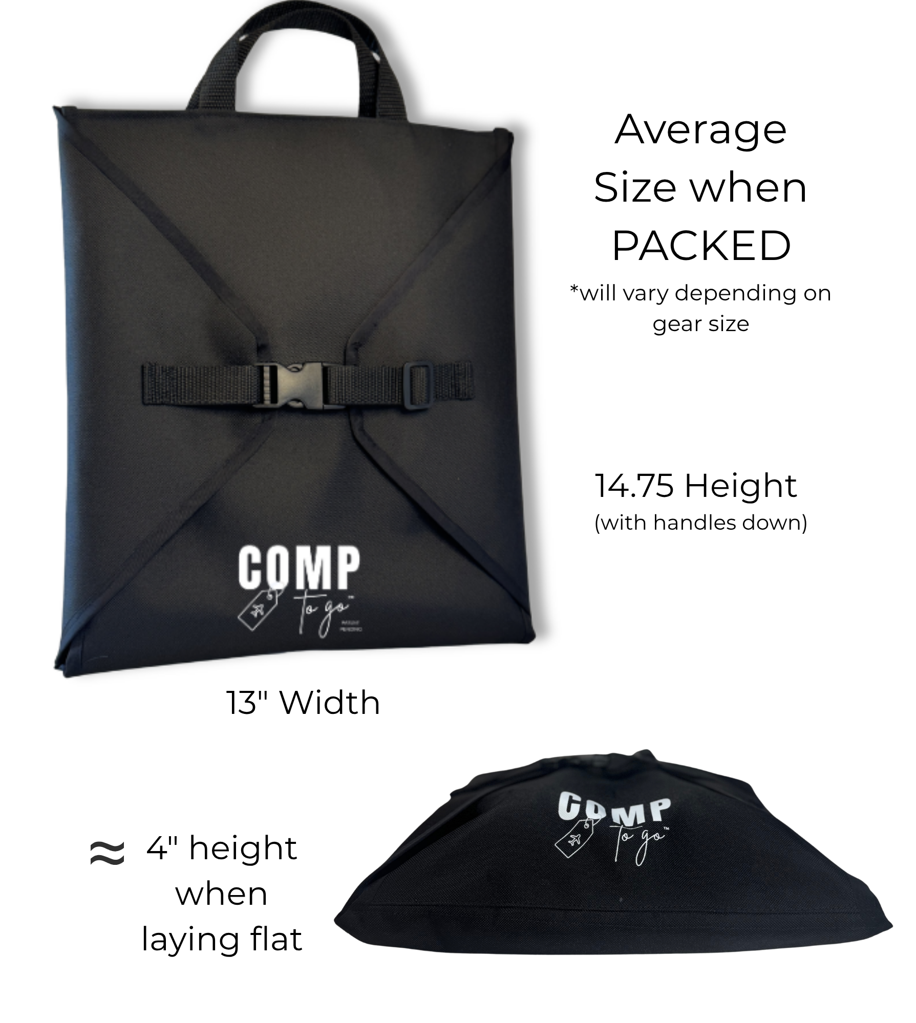 Black rectangular cheer competition bag with handle, buckle strap, and white "COMP to Go" logo.