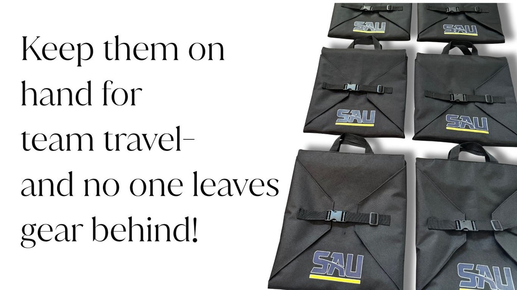 Black bags with blue and yellow letter branding on a white background, accompanied by promotional text.