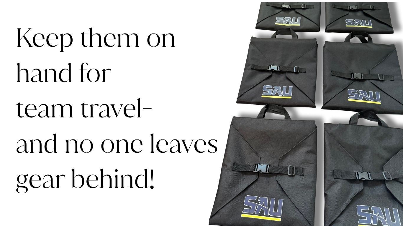 Black bags with blue and yellow letter branding on a white background, accompanied by promotional text.