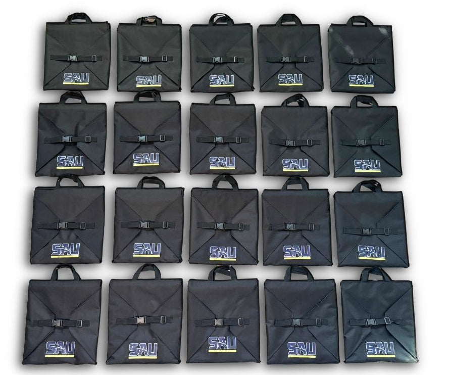 Multiple black bags with labels on a white background, accompanied by promotional text.