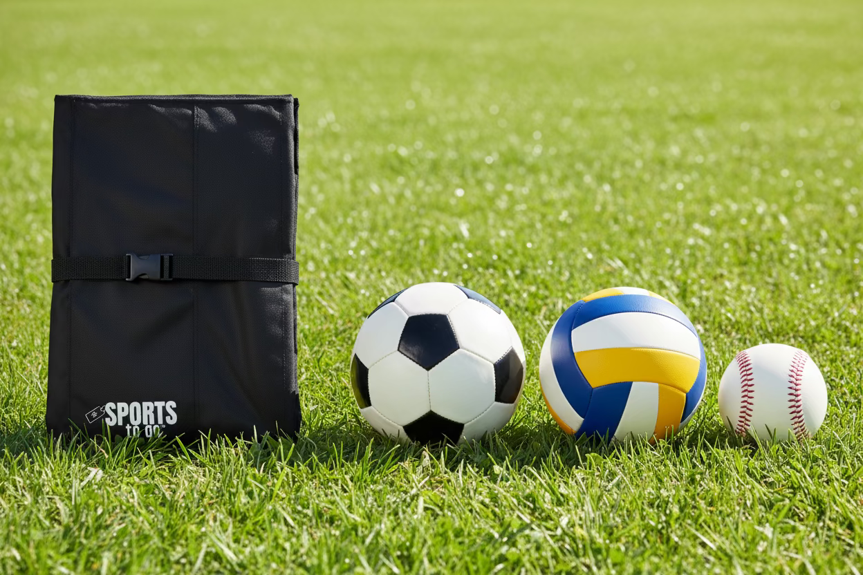 Black foldable travel bag with buckle strap and white "Sports to Go" logo, compact design.