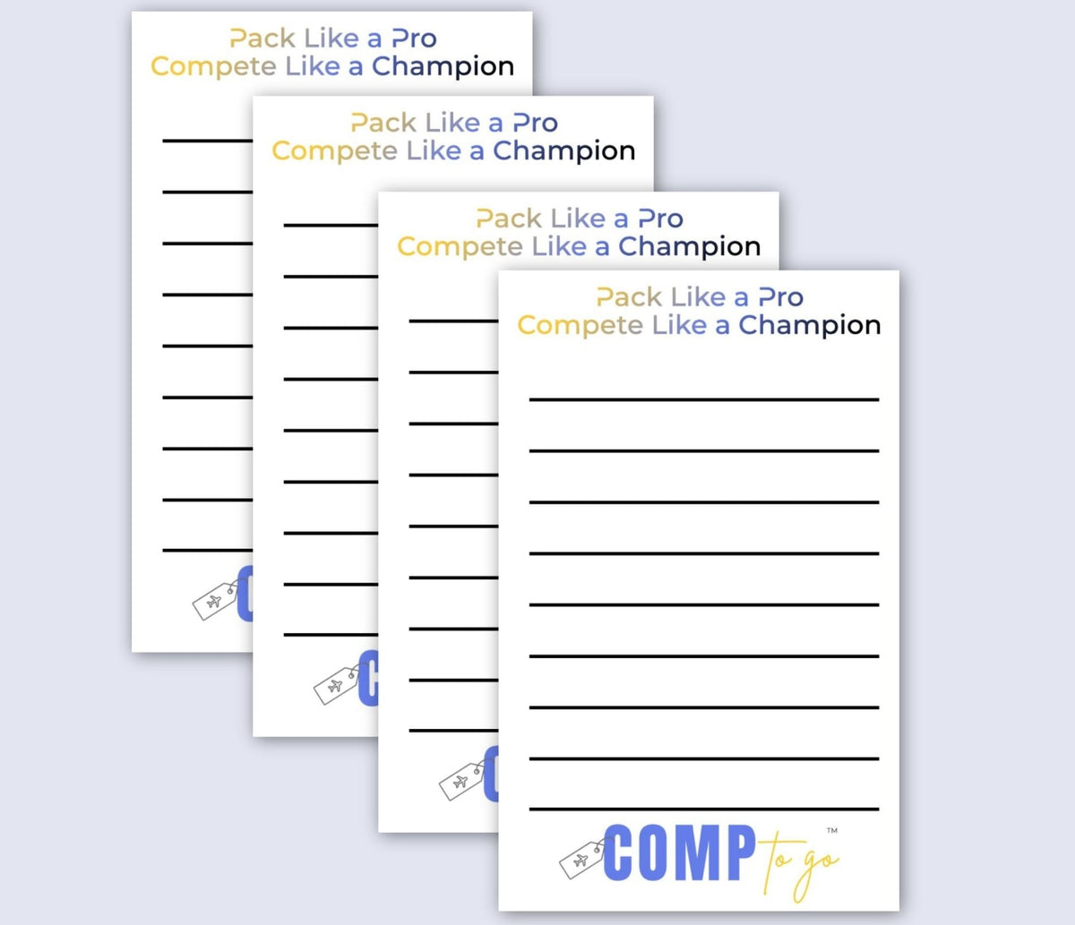 Four identical sheets of paper with text and checkboxes on a light purple background