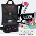 Black cheer backpack and matching bag with pink name embroidery, black cheer essentials pouch, and cheer-themed bag tags and .