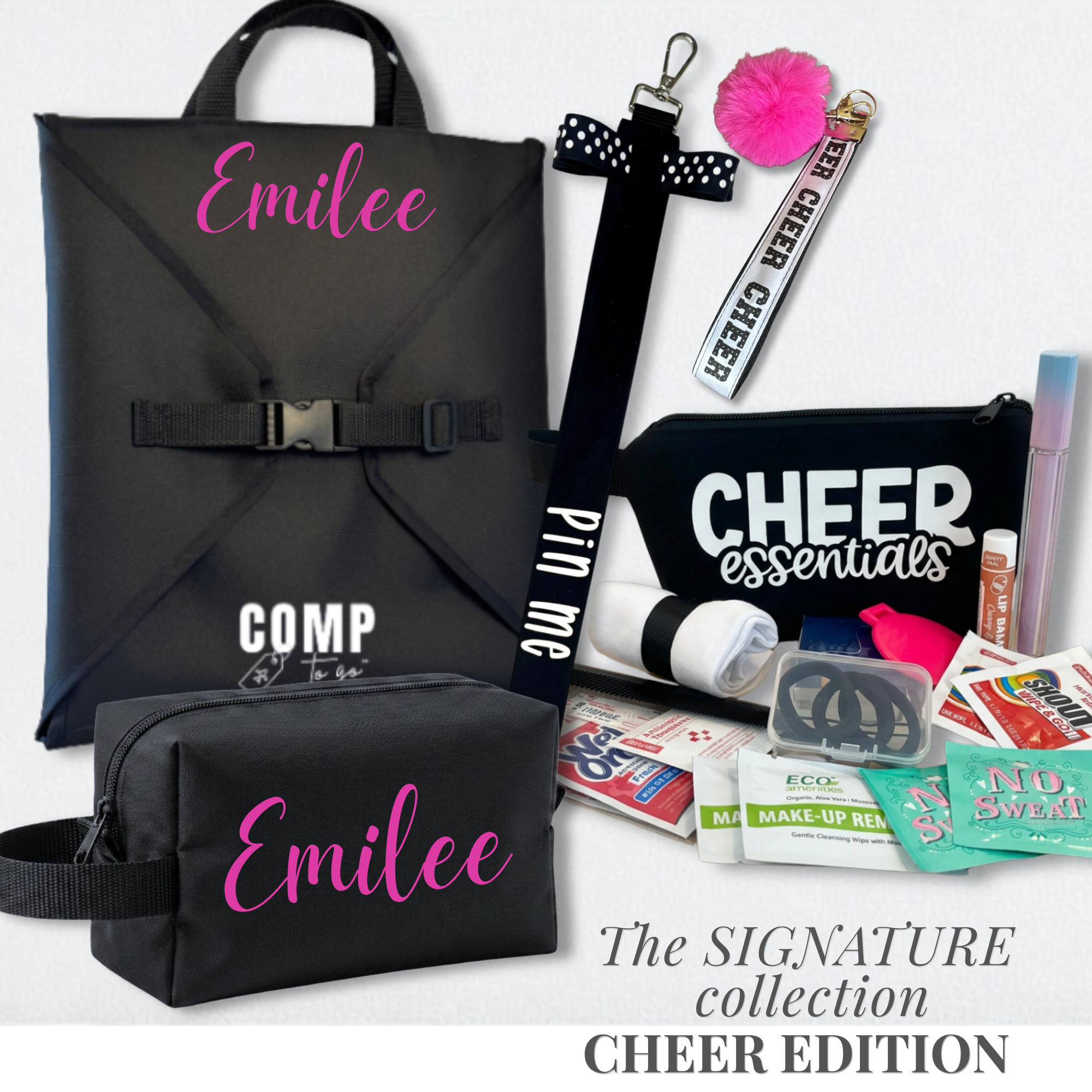 Black cheer backpack and matching bag with pink name embroidery, black cheer essentials pouch, and cheer-themed bag tags and .