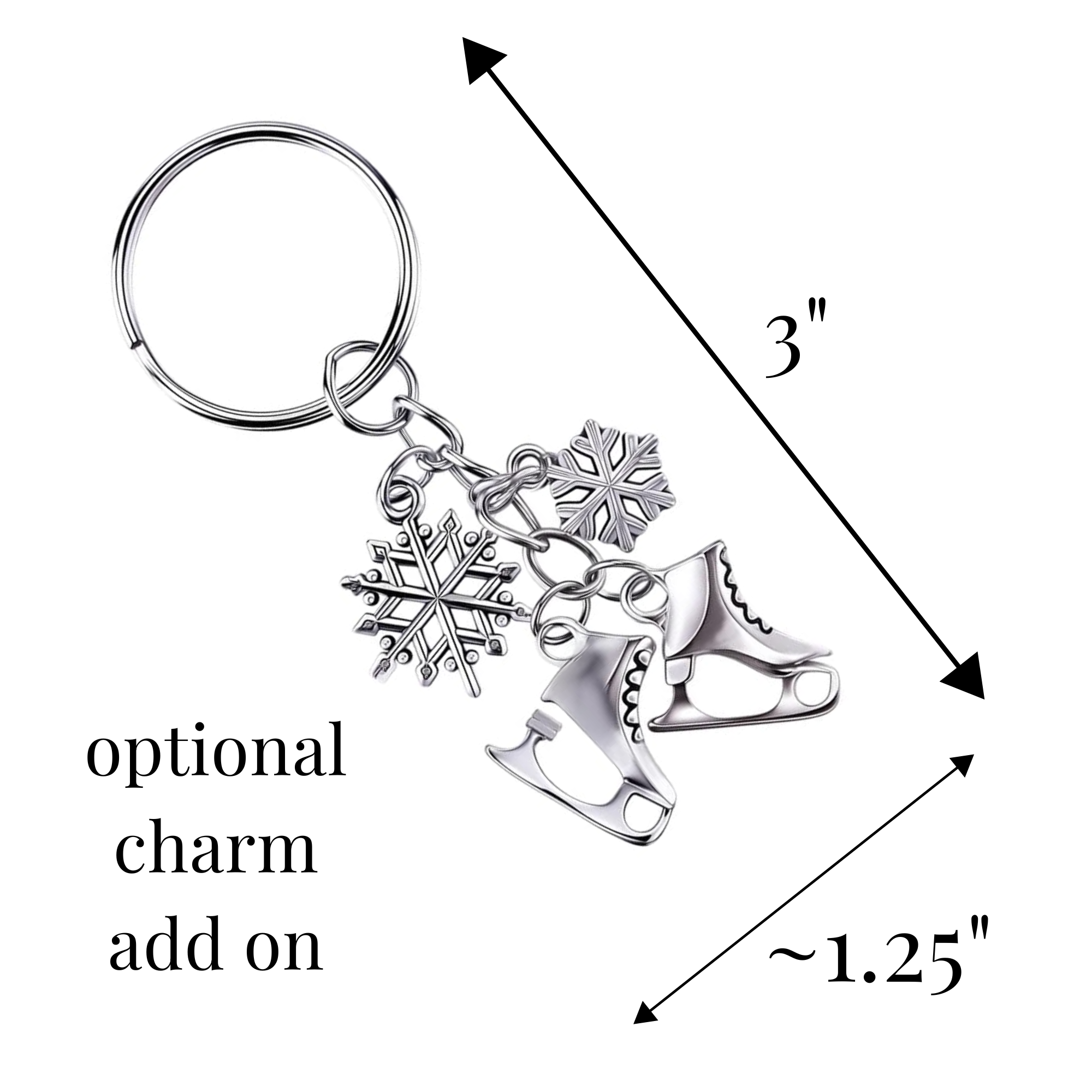 Silver skate and snowflake bag tag charm with key ring, perfect for cheer and skate competition bags or uniforms.