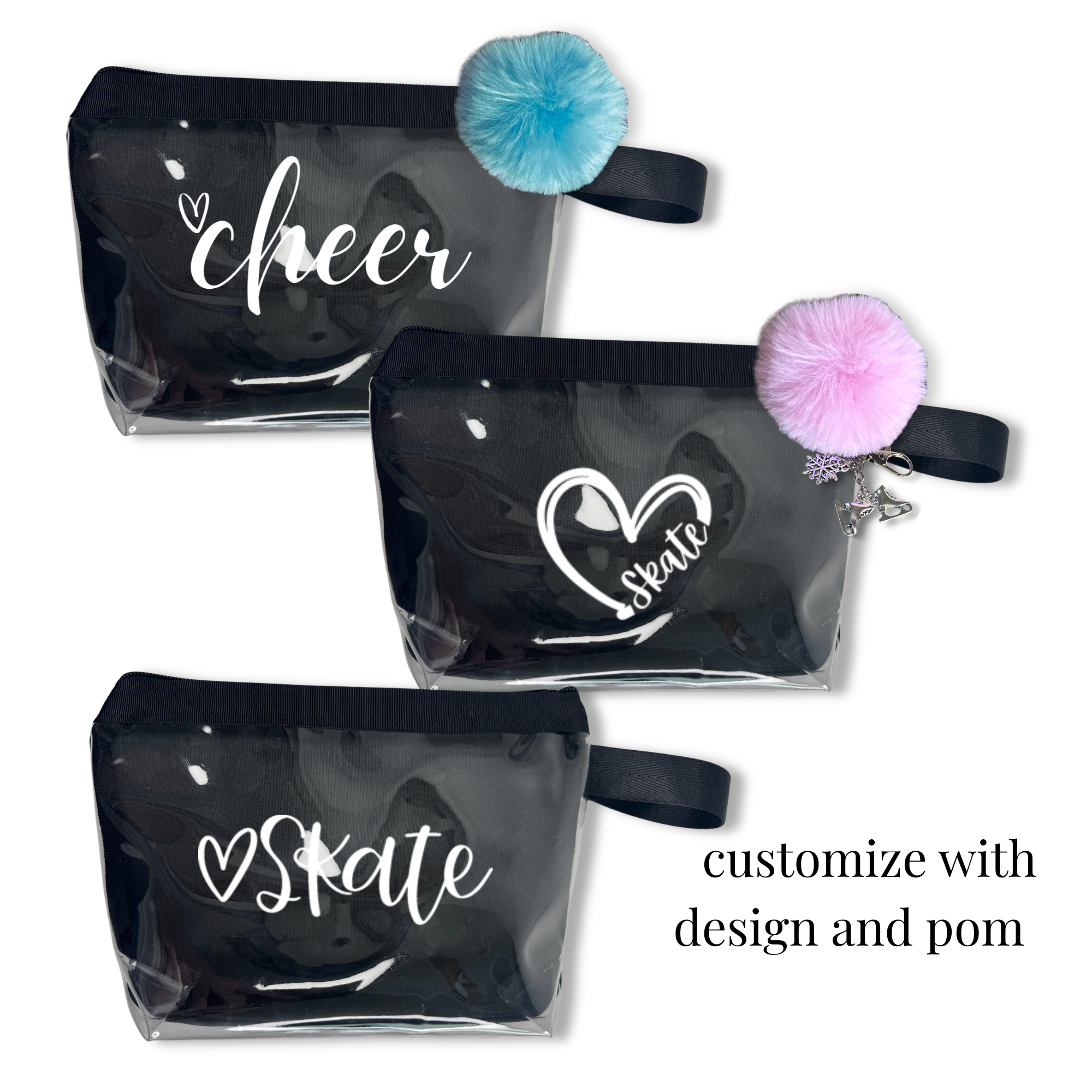 Set of three clear black zip pouches with white cheer, skate, and heart designs, each featuring a colored pom pom and wrist.