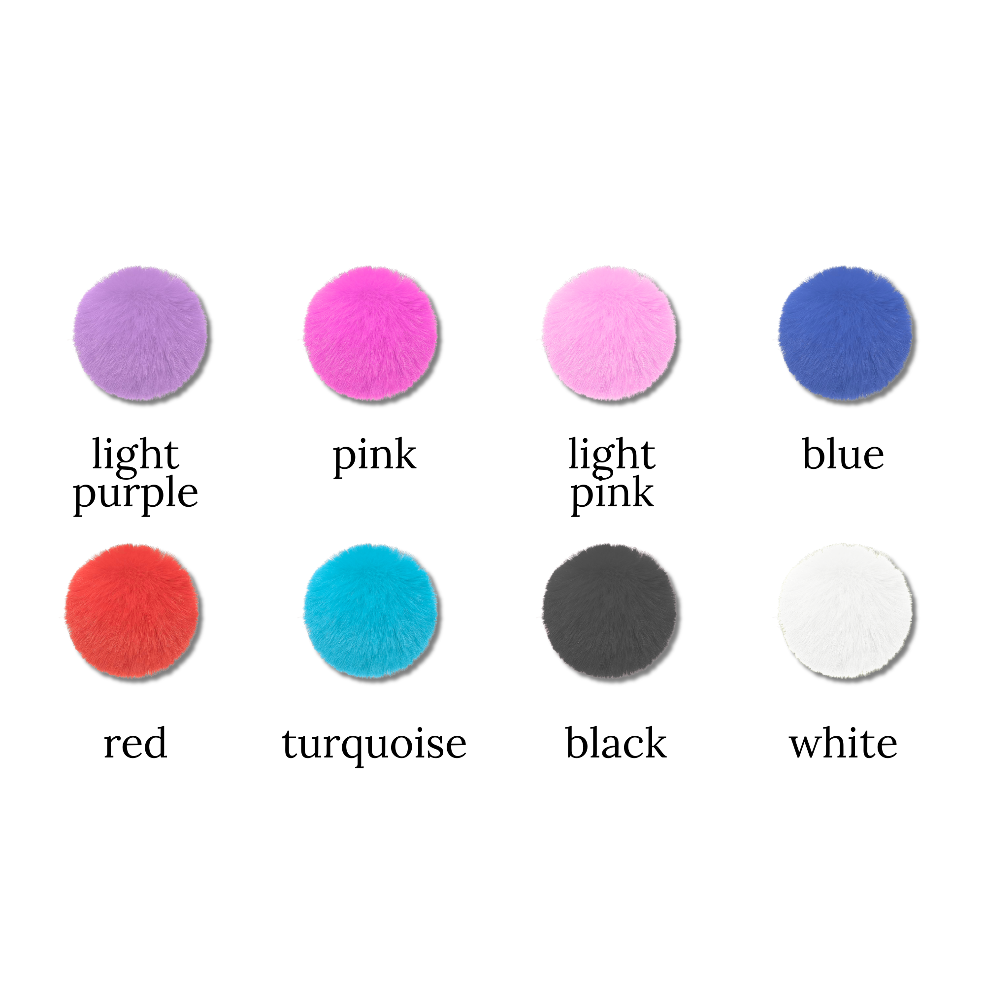 Round furry bag tags in light purple, pink, light pink, blue, red, turquoise, black, and white for cheer and skate bags.
