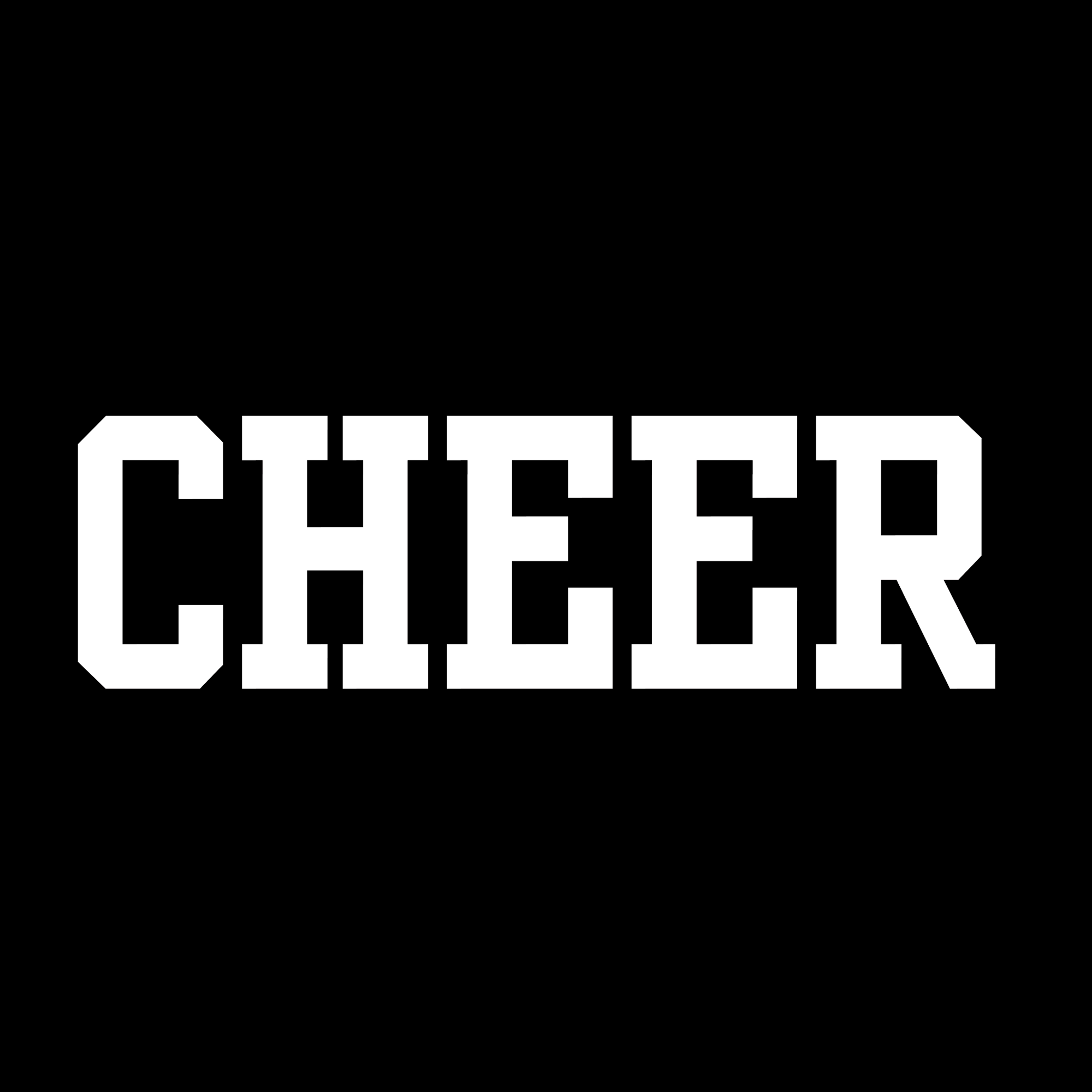 Bold white block letters spelling "CHEER" on a solid black background, perfect for cheer uniforms or bags.