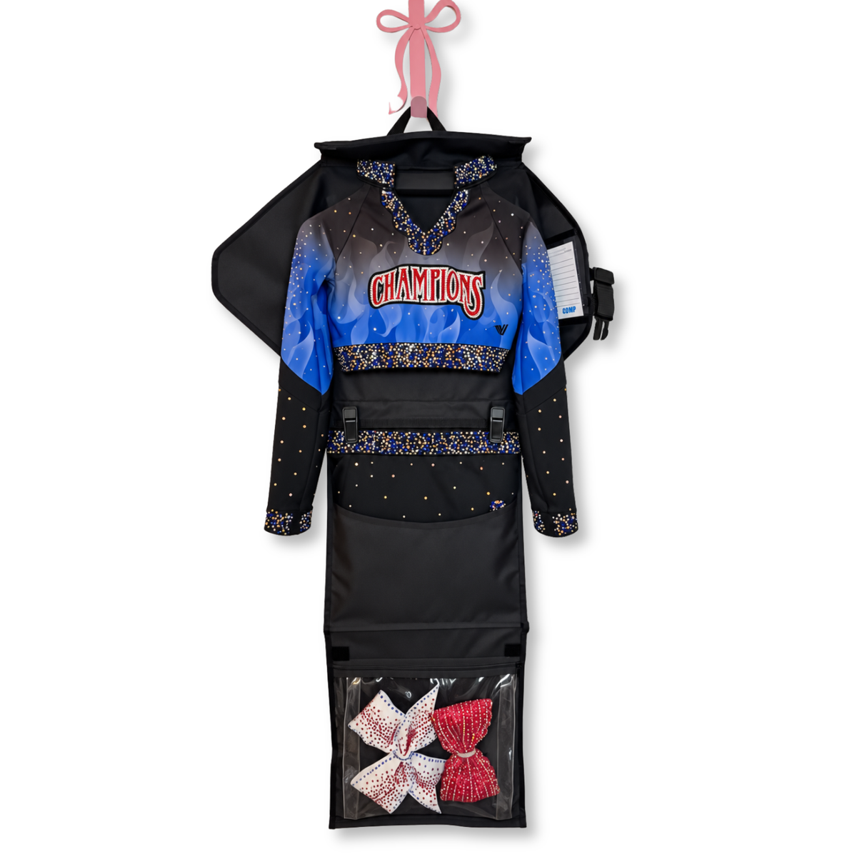 Black and blue cheer uniform with "Champions" logo, rhinestone accents, and attached pouch with red and white bows.