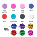 Set of eight colorful solid pom poms and six metallic foil cheer pom poms with clip attachments.