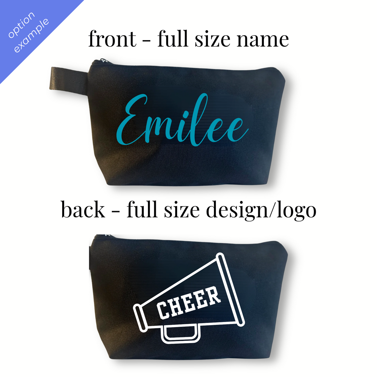Black rectangular bag with teal script name "Emilee" on front and white cheer megaphone logo on back.