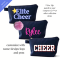 Navy blue rectangular fabric bag with gold zipper, white and yellow "Elite Cheer" logo, customizable pink script name with.