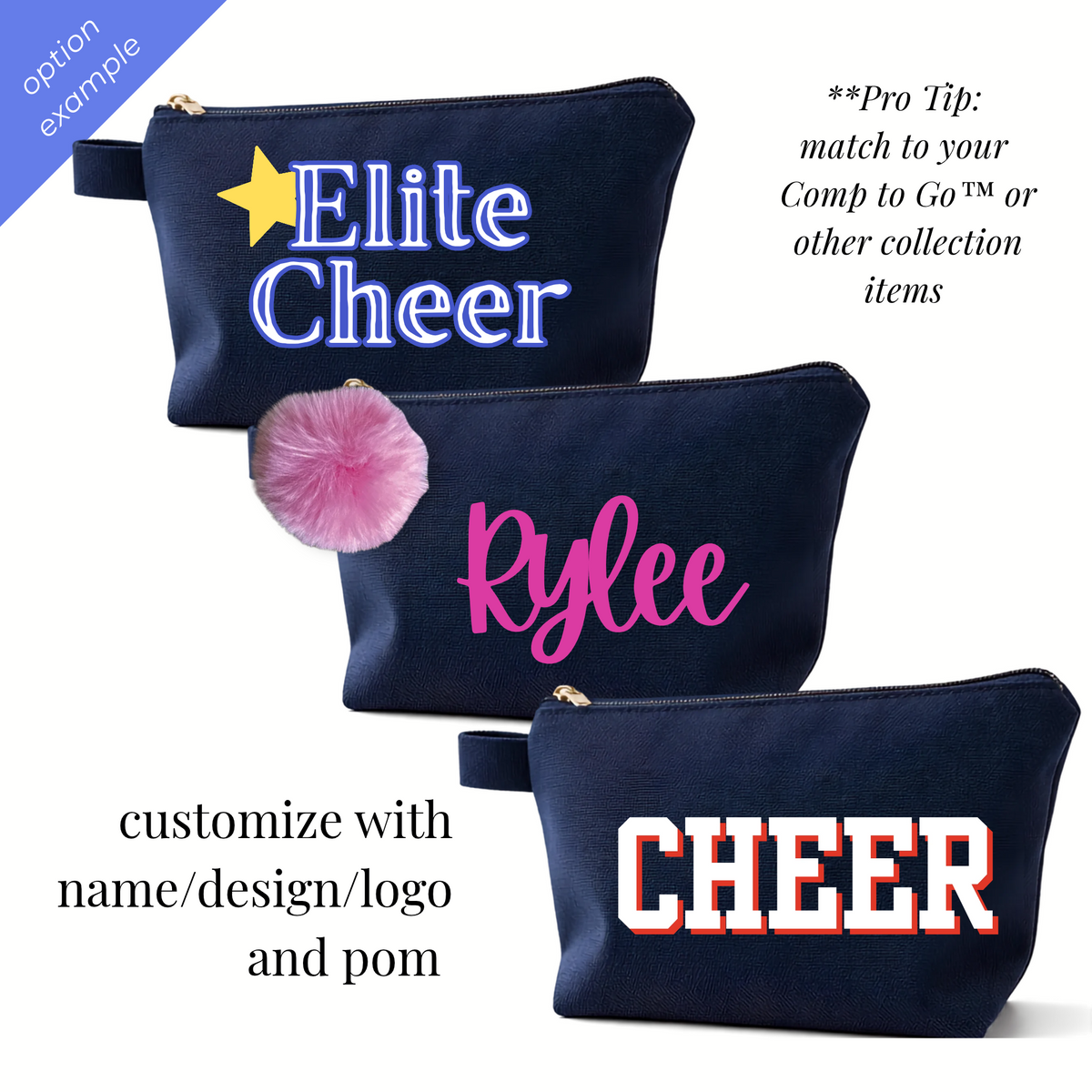 Navy blue rectangular fabric bag with gold zipper, white and yellow "Elite Cheer" logo, customizable pink script name with.