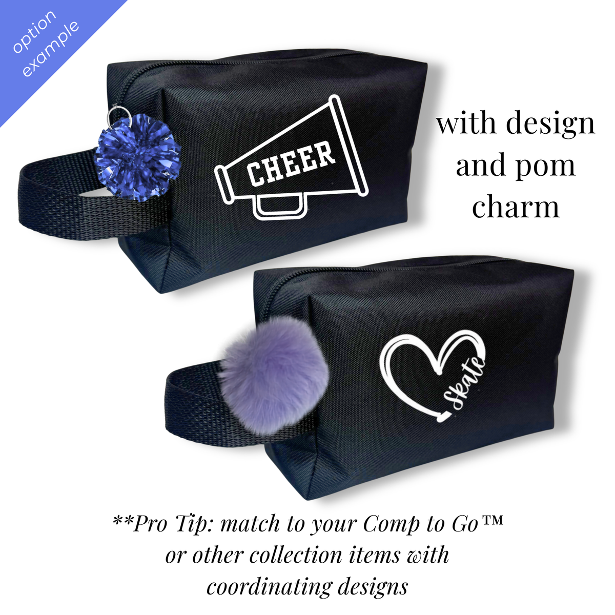 Black rectangular cheer bag with white megaphone design and attached blue pom charm.