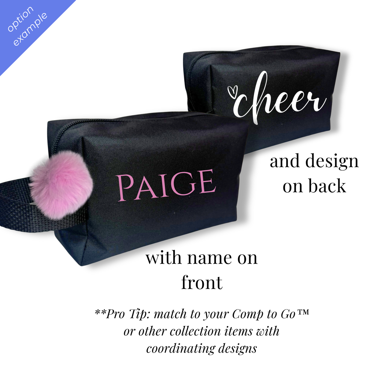Black rectangular cheer bag with pink name "Paige" on front and white "cheer" text on back.