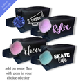 Four black rectangular cheer and skate competition bags, each with a different white or pink script logo and colorful.