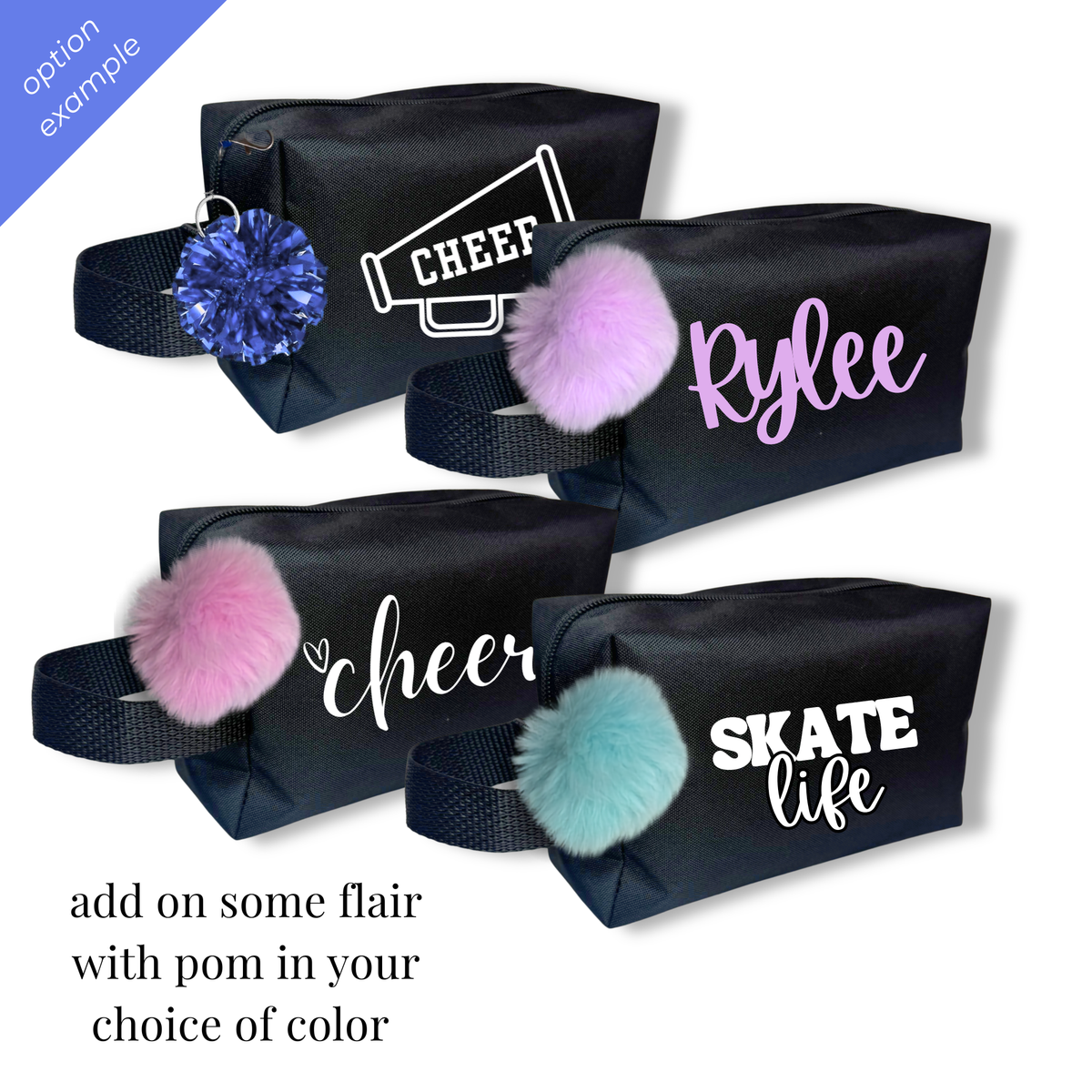 Four black rectangular cheer and skate competition bags, each with a different white or pink script logo and colorful.