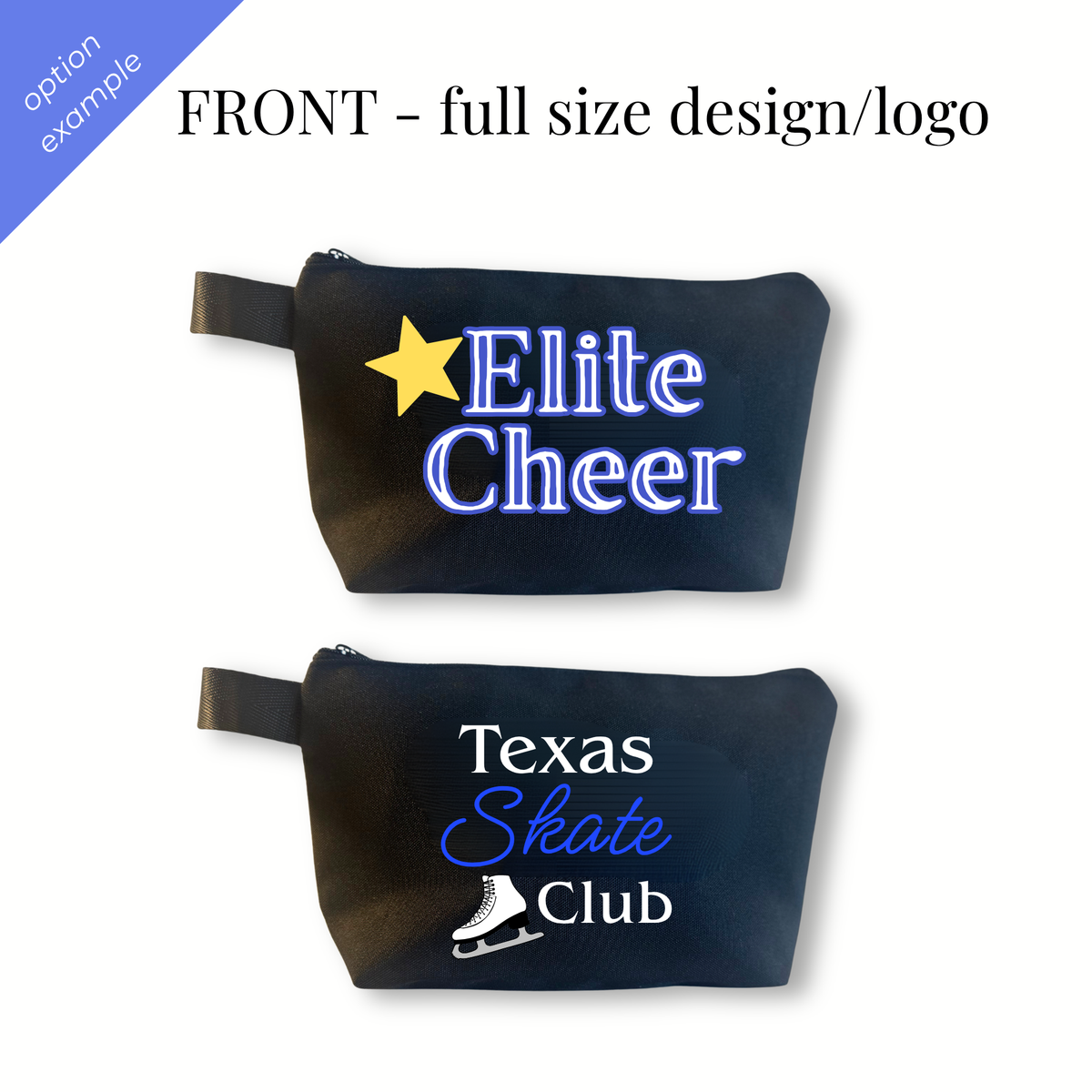 Black rectangular zippered bags with wrist straps featuring "Elite Cheer" and "Texas Skate Club" logos in white and blue.