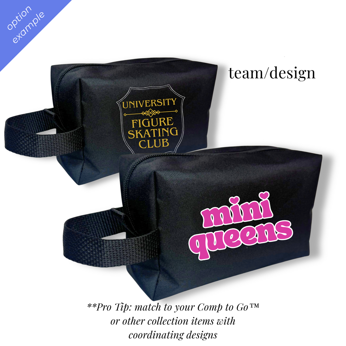 Two black zippered mini utility pouches shown on a white background with promotional text. One pouch has a gold shield emblem reading 'University Figure Skating Club,' and the other has pink text reading 'mini queens.