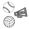 Black and white outlined softball, volleyball, and cheer megaphone icons for cheer, competition, and bag decoration.
