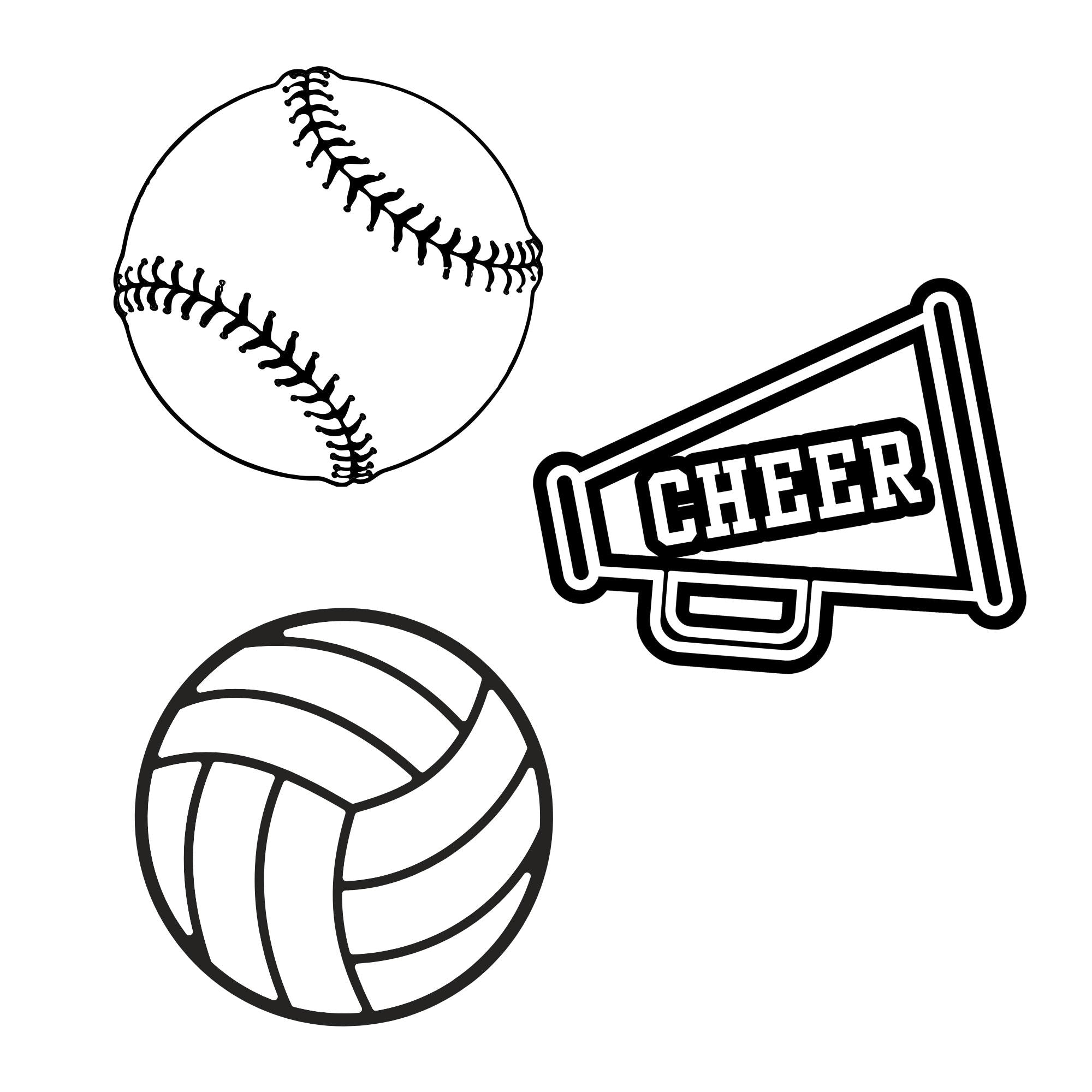 Black and white outlined softball, volleyball, and cheer megaphone icons for cheer, competition, and bag decoration.