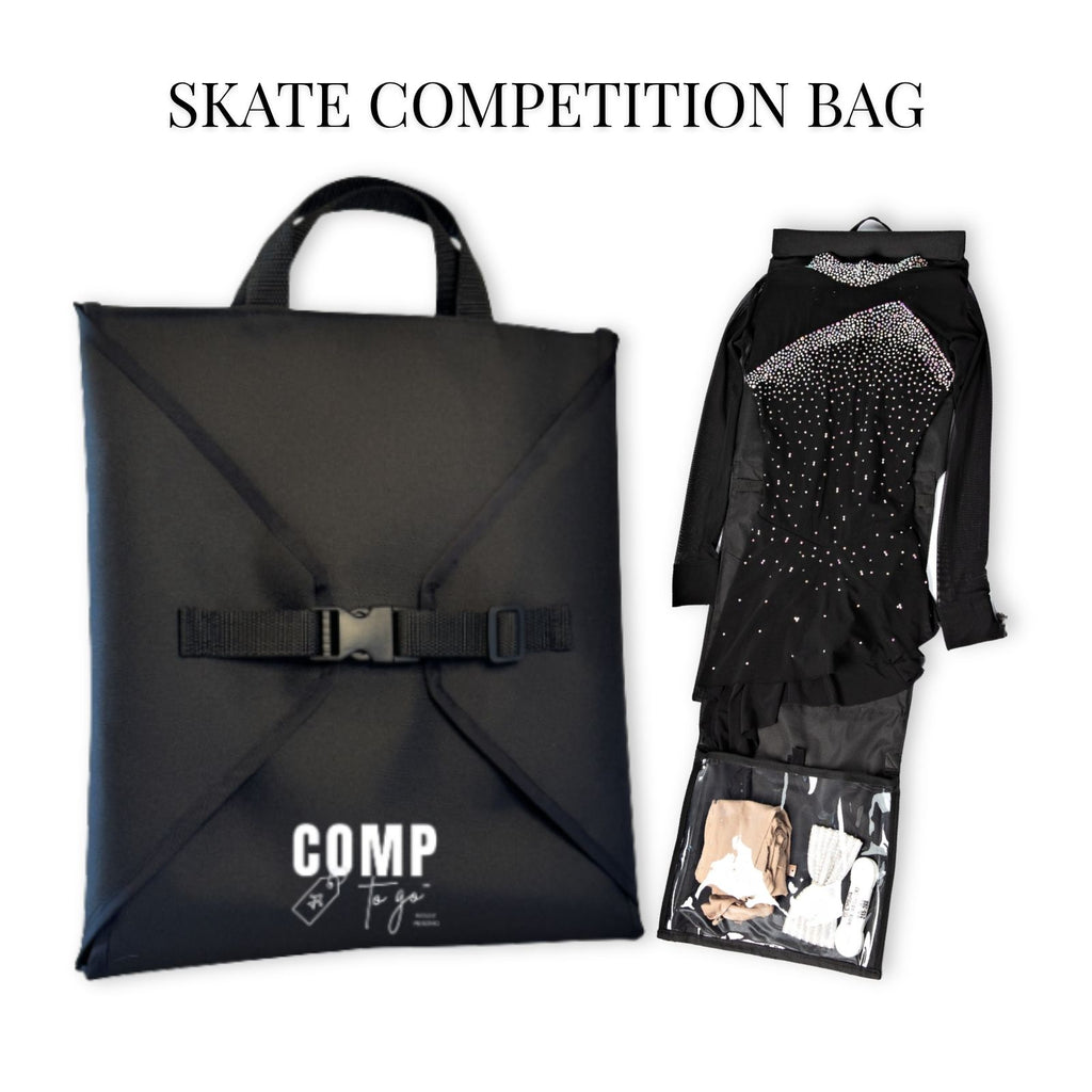 Black rectangular skate competition bag with carrying handles, buckle strap, and transparent dress compartment containing a.