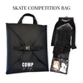 Black rectangular skate competition bag with carrying handles, buckle strap, and transparent dress compartment containing a.