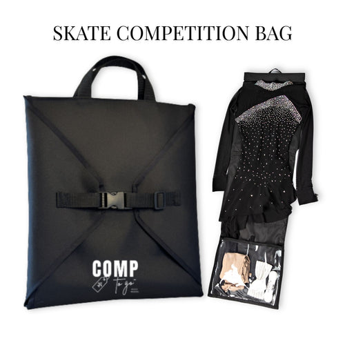 Black rectangular skate competition bag with carrying handles, buckle strap, and transparent dress compartment containing a.