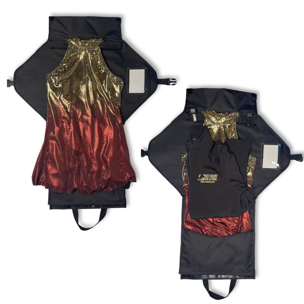 Two views of a black garment bag with  a gold-to-red gradient sequined dress, shown on a white background