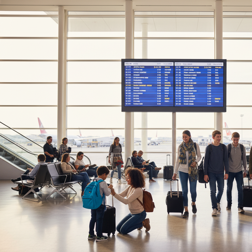 A group of travelers with rolling suitcases walks through a bright airport terminal, with departure boards, escalators, and a coffee shop visible in the background.