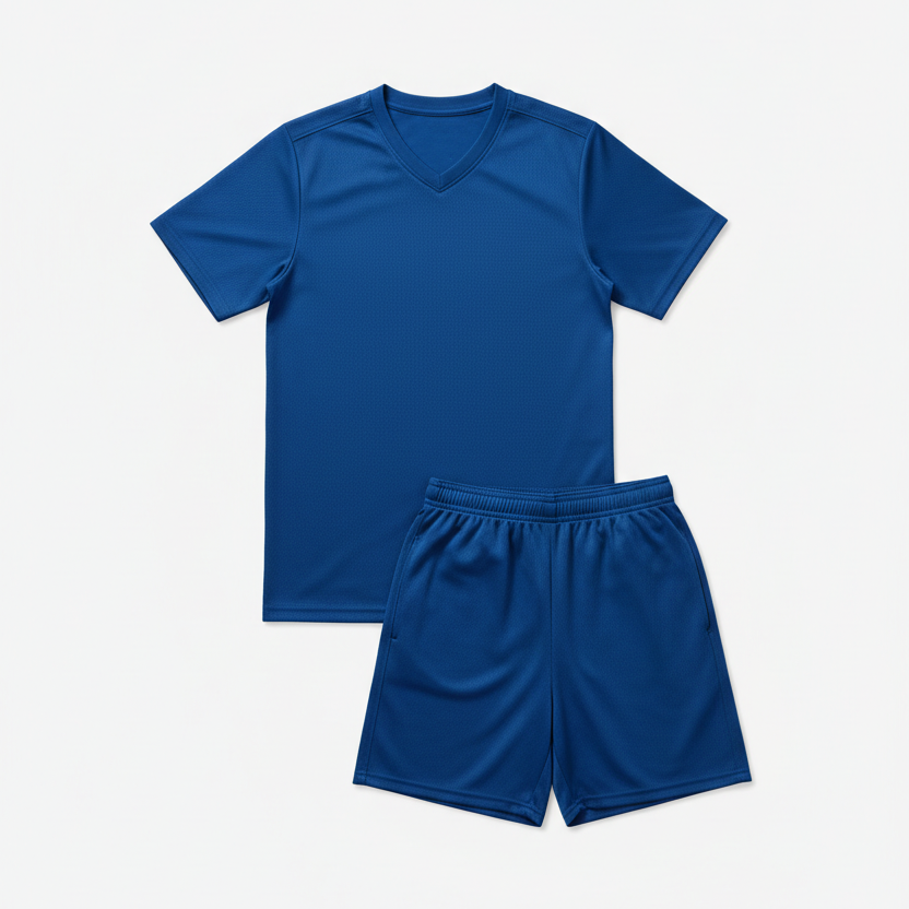 A two-piece athletic uniform set consisting of a royal blue short-sleeve V-neck t-shirt and matching royal blue shorts, laid flat on a light gray background.