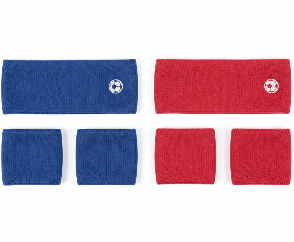 Six athletic wristbands in blue and red are arranged in two rows on a plain white background. Each wristband has a small white circular logo with a red cross and a soccer ball.