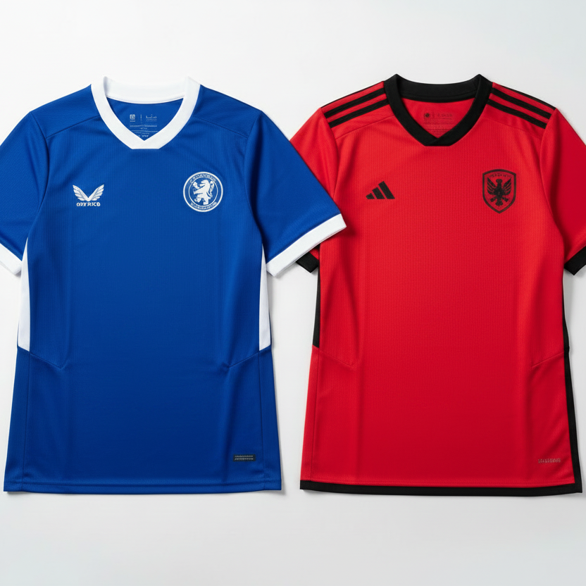 Two soccer jerseys displayed side by side on a light gray background: a blue Chelsea jersey with white trim on the left, and a red Japan national team jersey with black trim on the right.